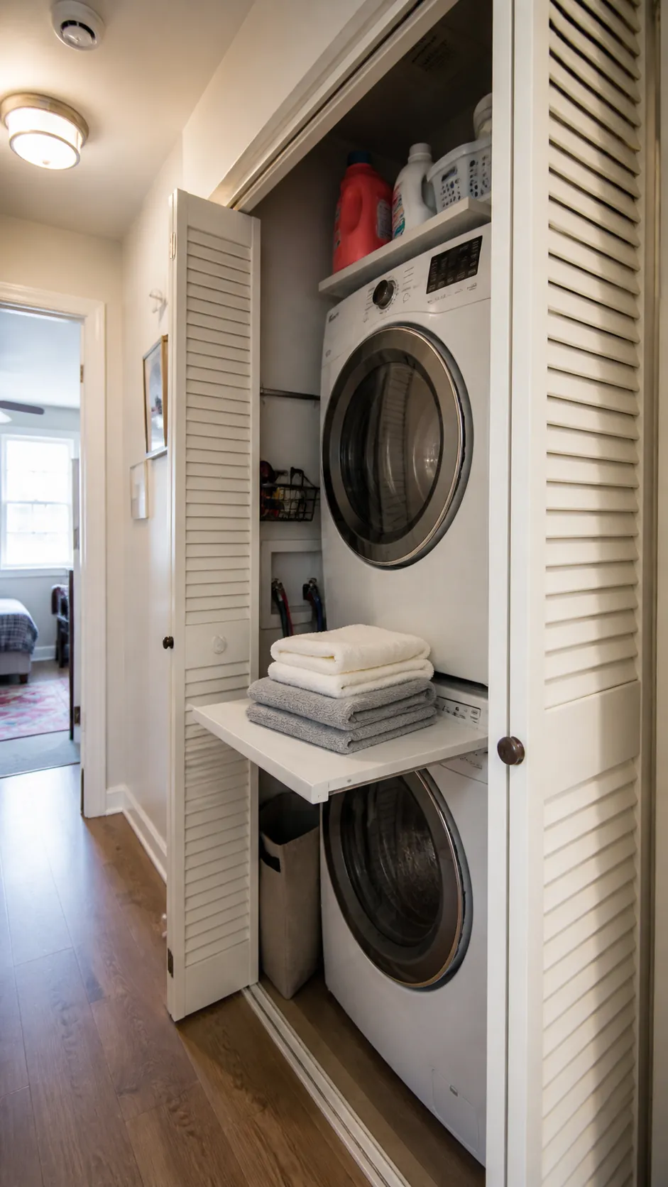 Small house laundry closet with stacked machines and folding doors