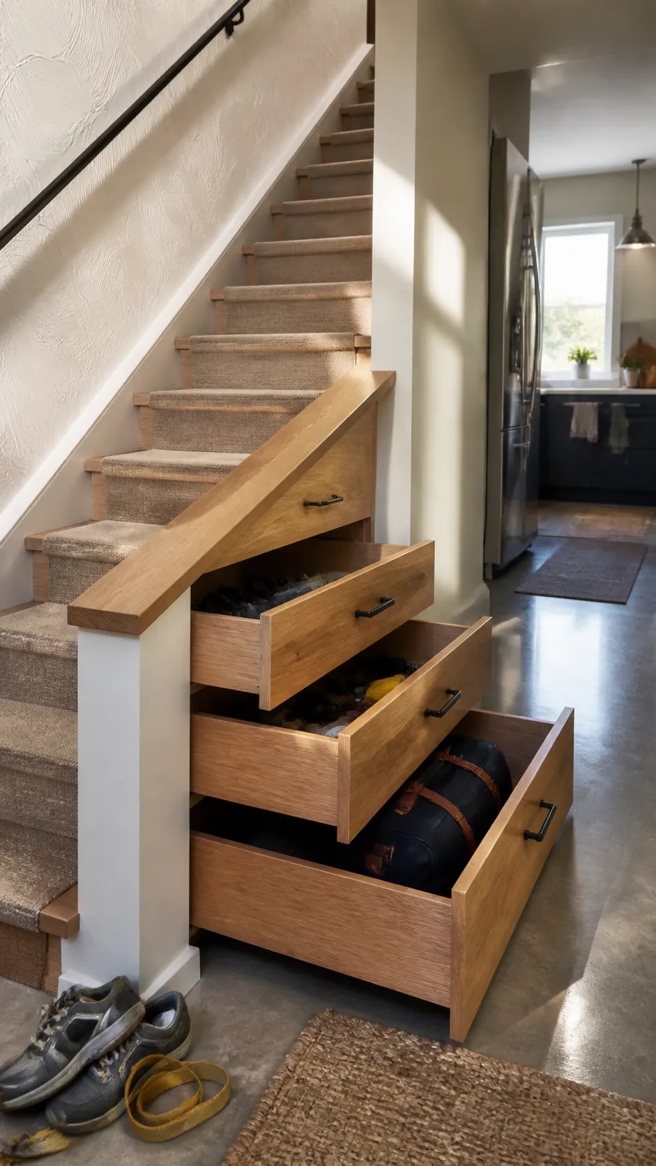Built-in pullout drawers beneath stairs in a small house