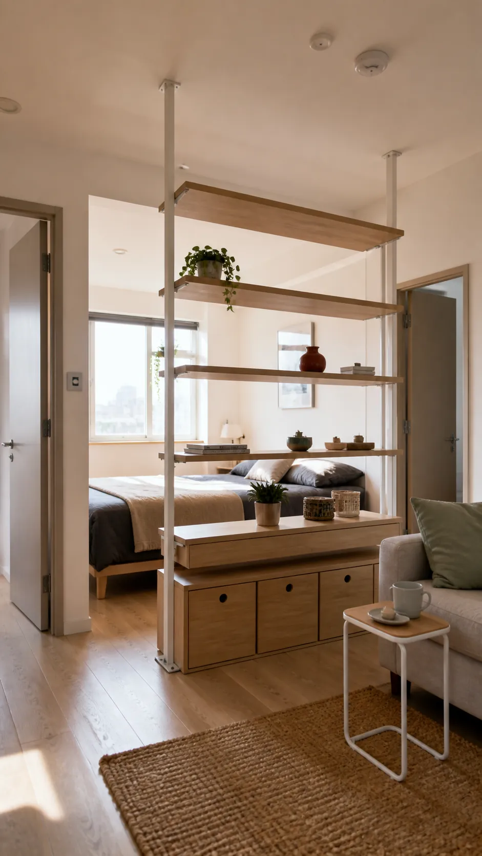 Open shelving divider separating living and sleeping zones