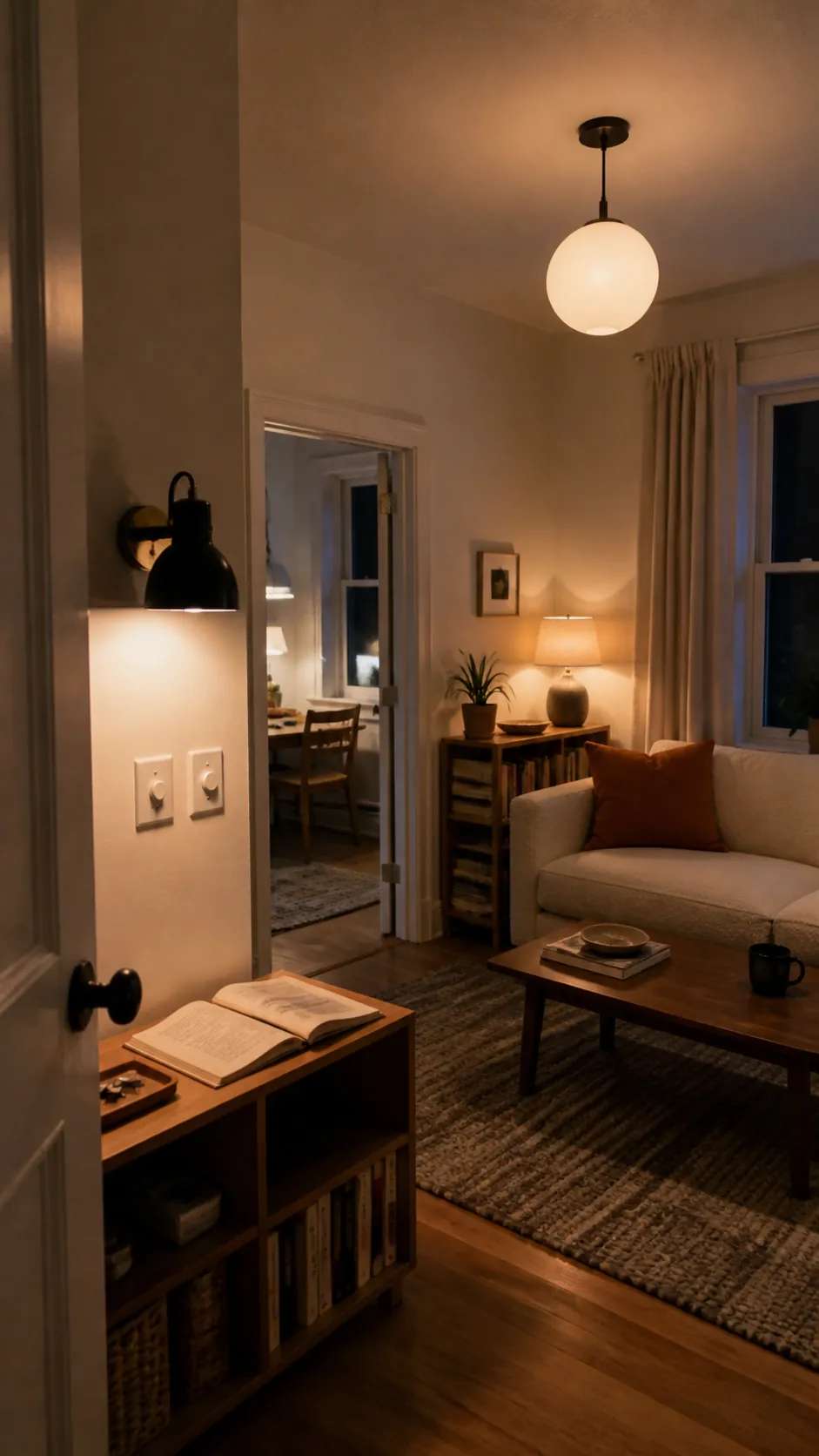 Layered ambient task and accent lighting in a small living room