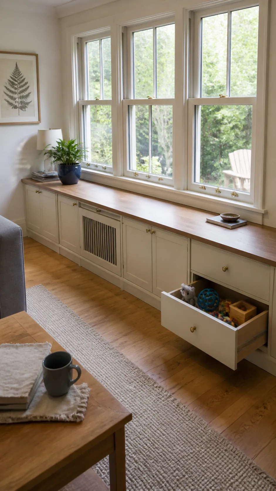 Low built-in cabinets beneath windows in a small living room