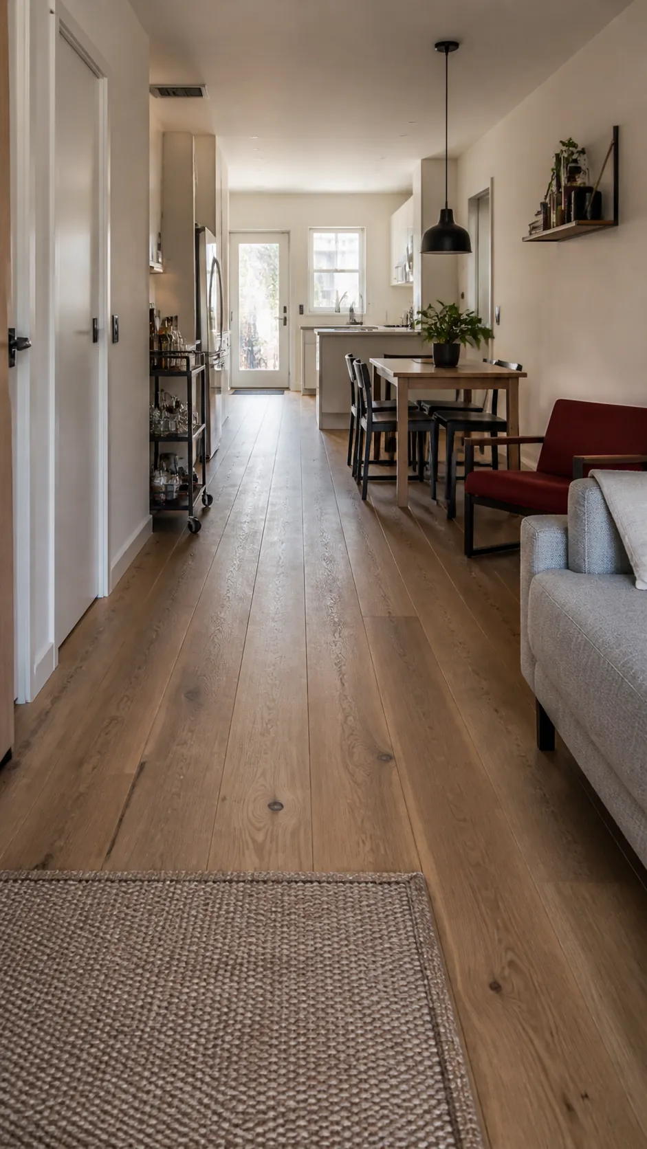 Continuous wood floor connecting zones in a small open-plan house