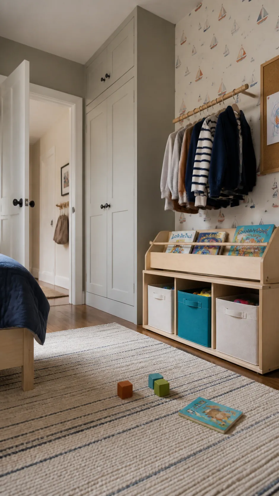 Low reachable toy and book storage in a small children's room