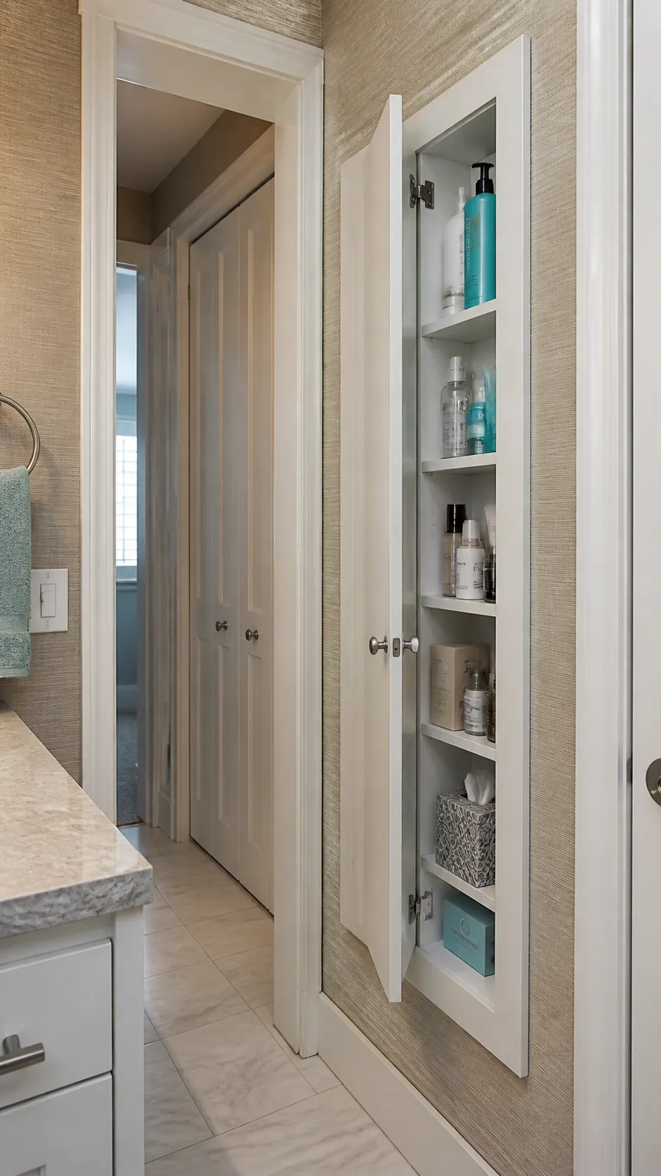 Recessed wall niche storing everyday items in a compact home