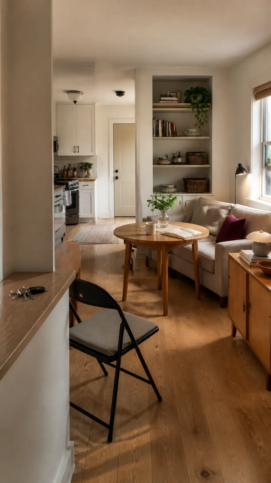 Calm edited small home interior with clear paths and useful zones
