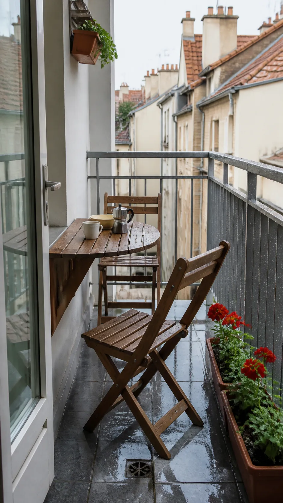 Narrow balcony with folding furniture and vertical planting