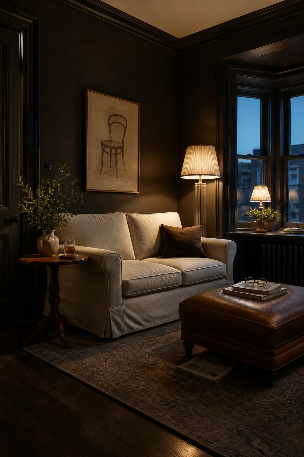 Rich espresso living room walls balanced by ivory upholstery and walnut