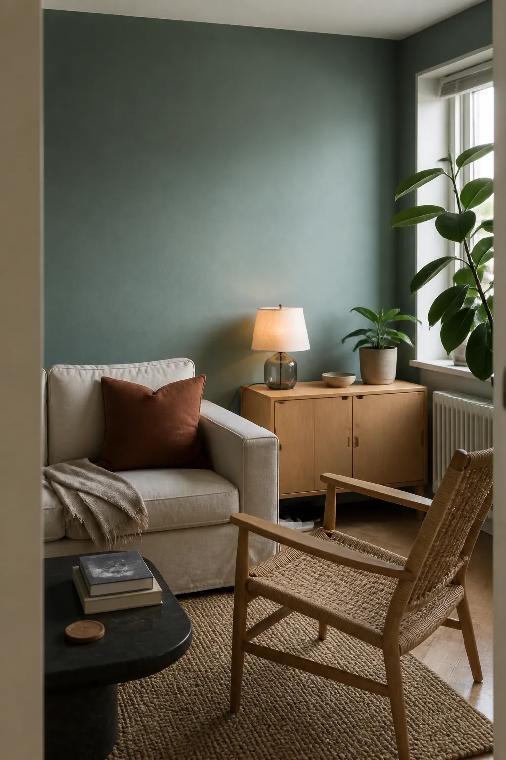 Smoky jade walls in a warm modern living room with oak and cream furnishings