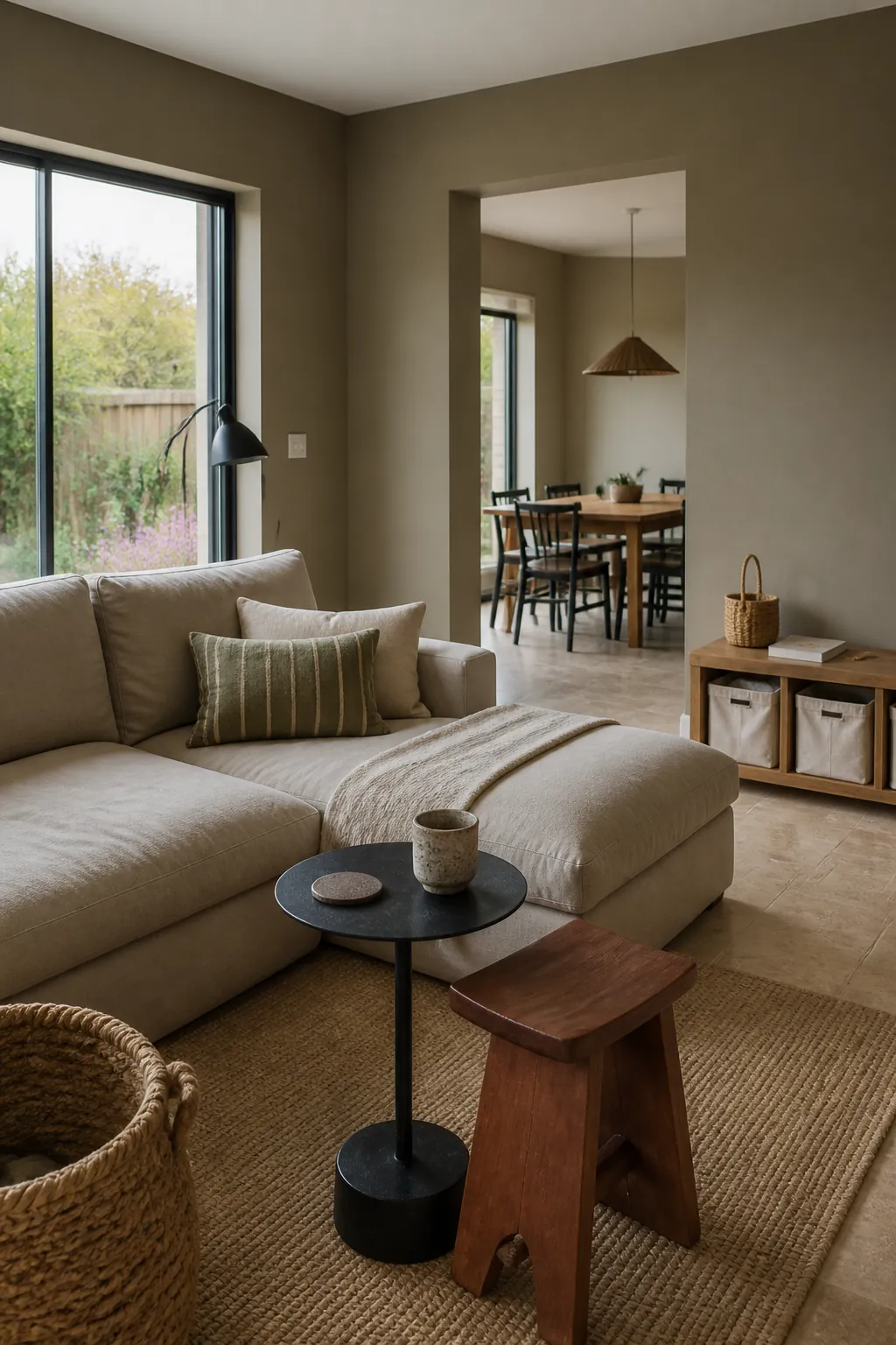 Universal khaki living room with linen seating and natural wood accents