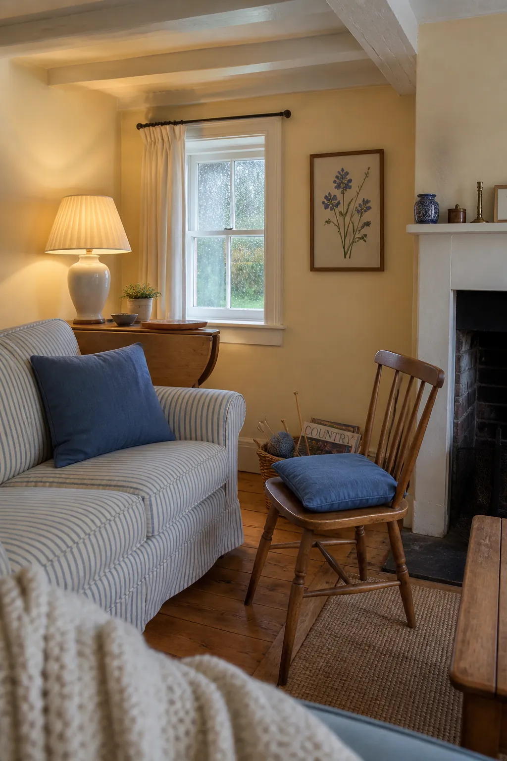 Buttercream yellow living room with honey wood and blue patterned textiles