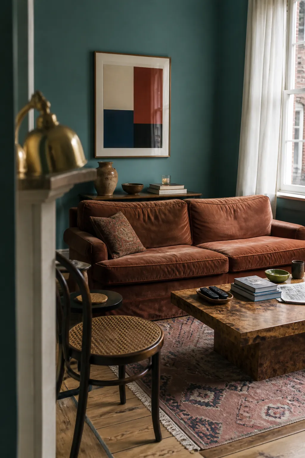 Muted teal living room with vintage rug and warm rust accents