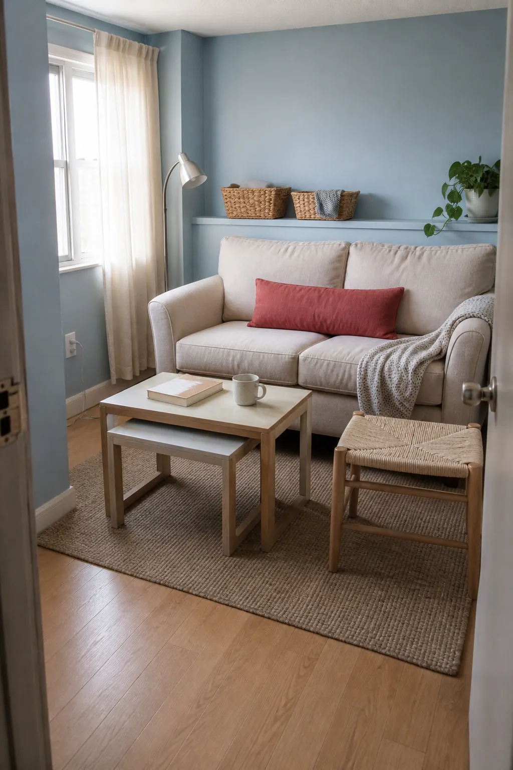 Sun-faded sky blue walls in a compact light-filled living room