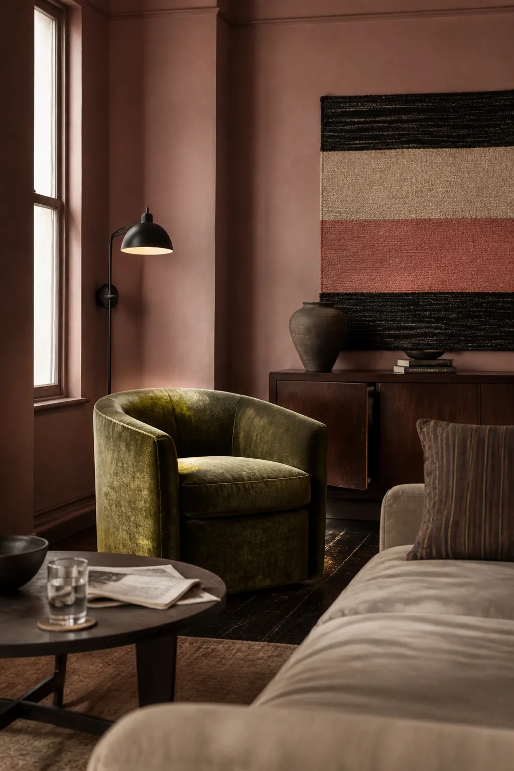 Dusty rose living room with olive velvet chair and dark wood furniture