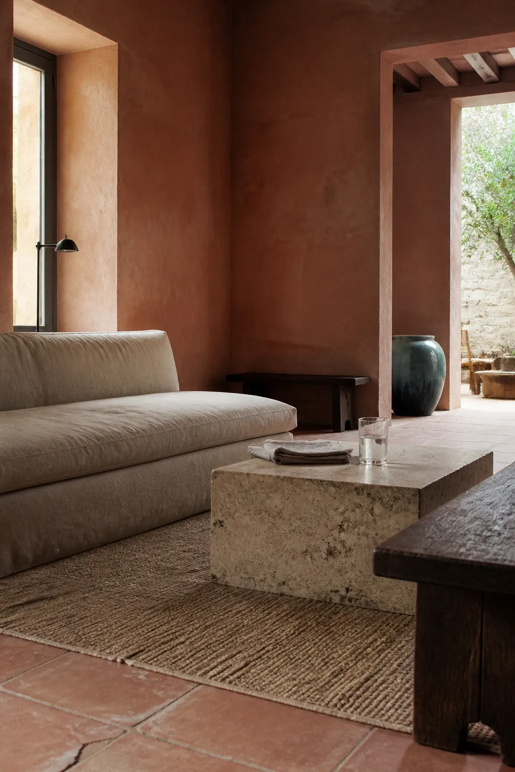 Oxidized terracotta living room with limestone and dark timber details
