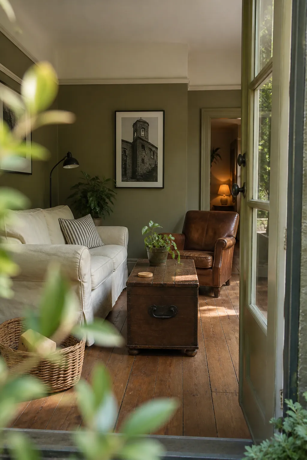 Olive leaf green living room with cream sofa and aged oak floor