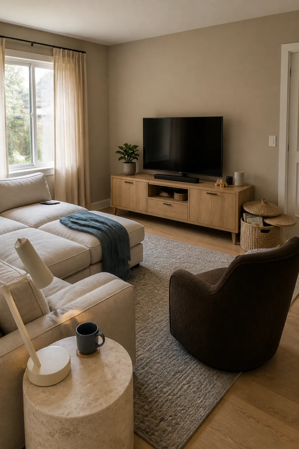 Clay beige family living room with oak storage and washable linen seating