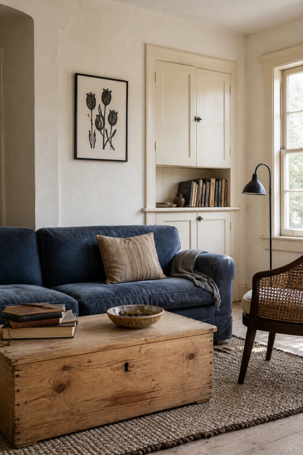 Parchment white living room with aged plaster texture and collected furniture