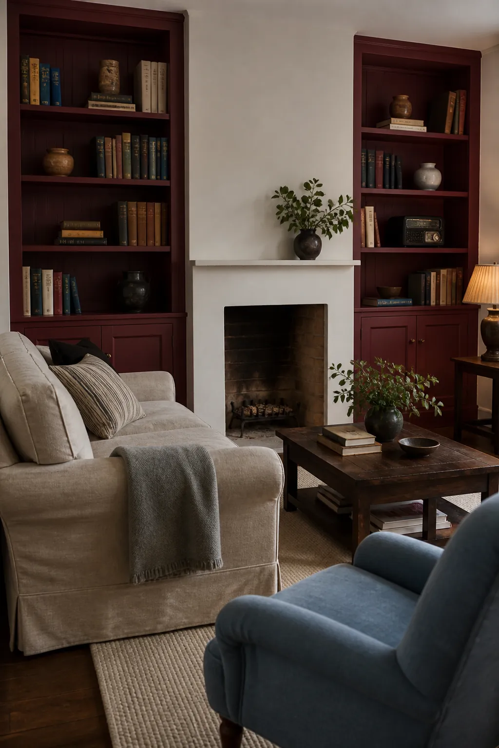 Oxblood red built-in shelving in a sophisticated neutral living room