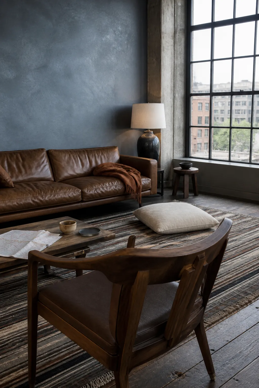 Mineral blue living room with walnut furniture and woven wool rug