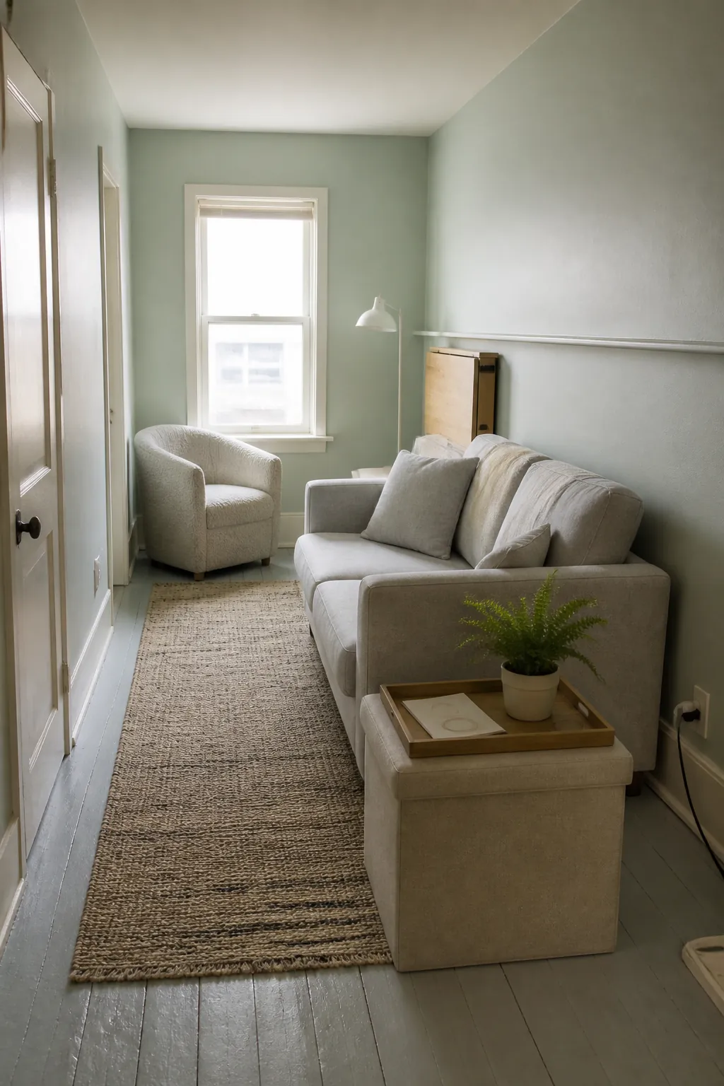 Celadon green small living room with pale ash furniture and soft daylight