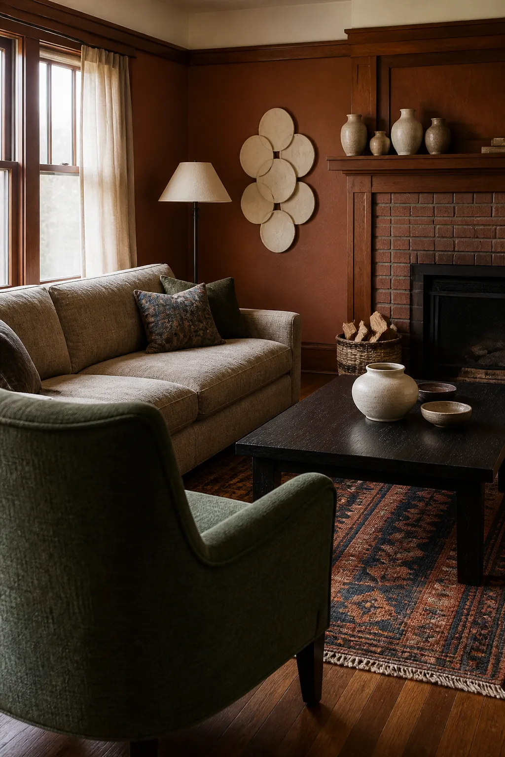 Cinnamon bark living room with flax sofa and handmade ceramic accents