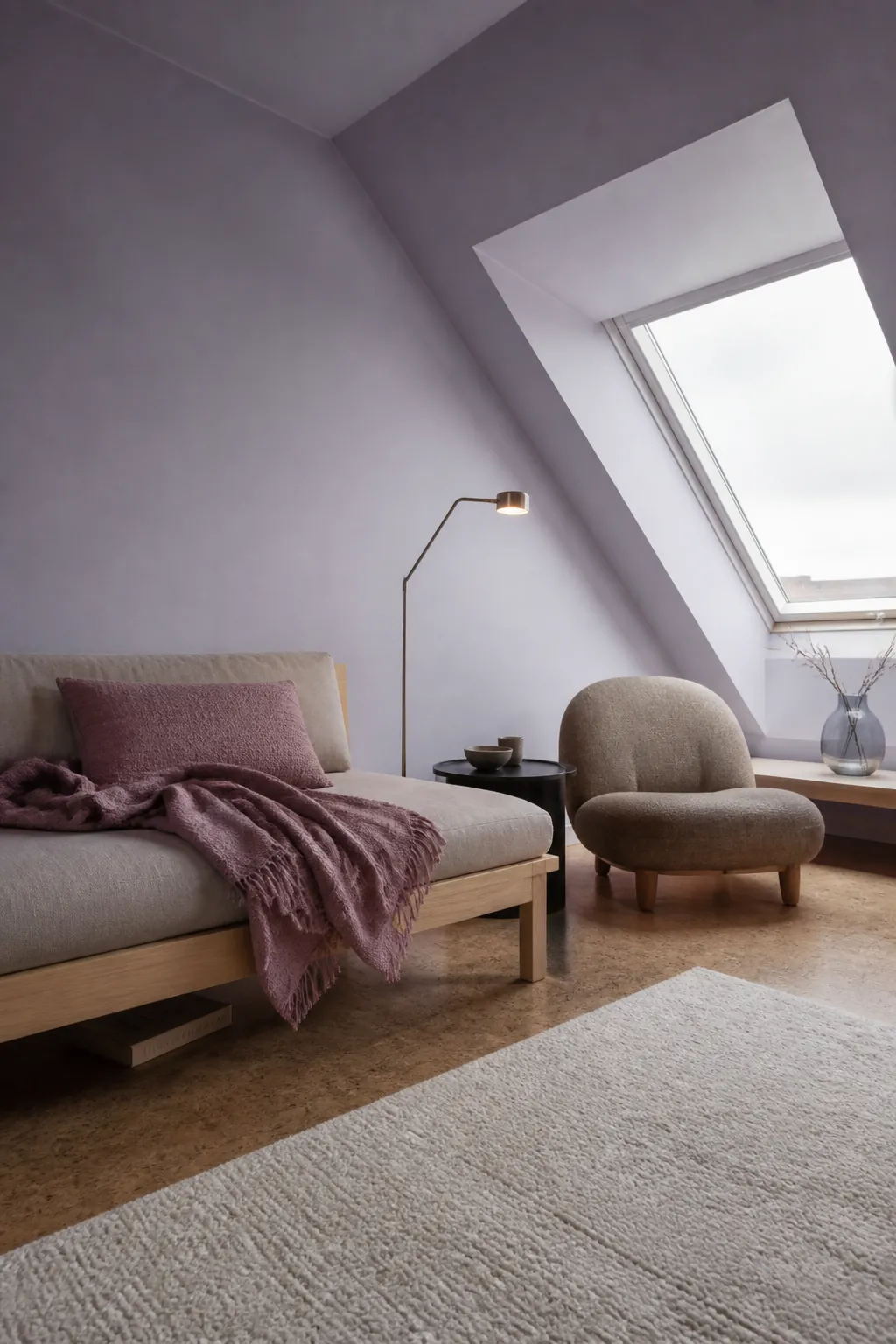 Lavender gray living room with pale wood and brushed metal details