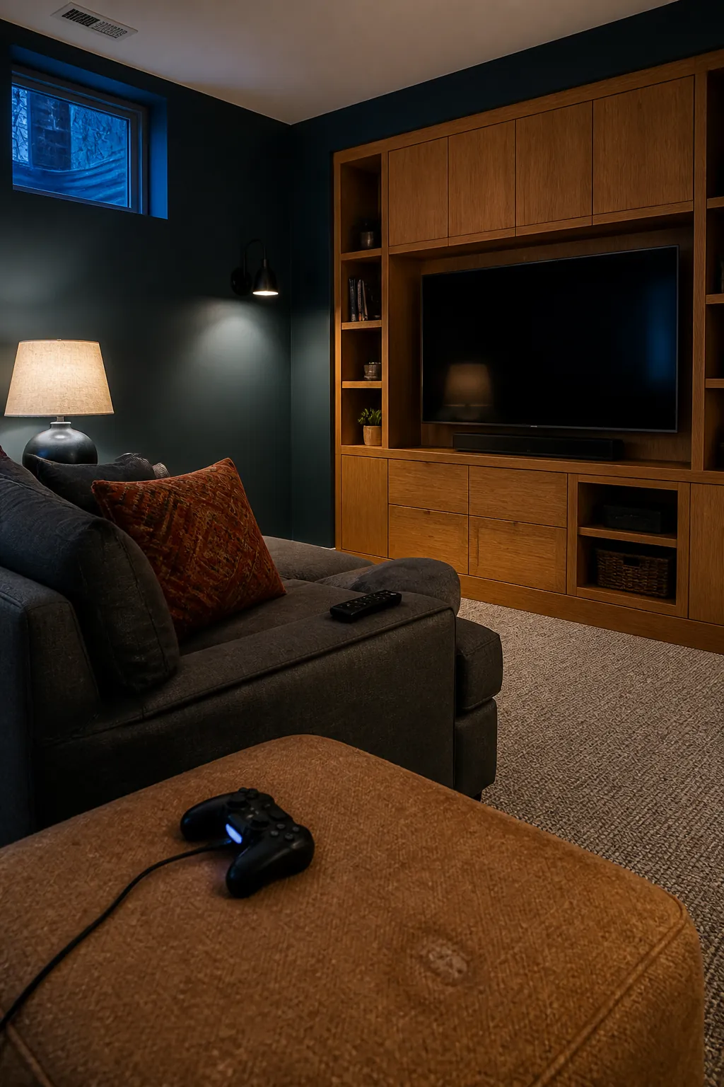 Petrol blue media living room with oak cabinetry and layered lighting