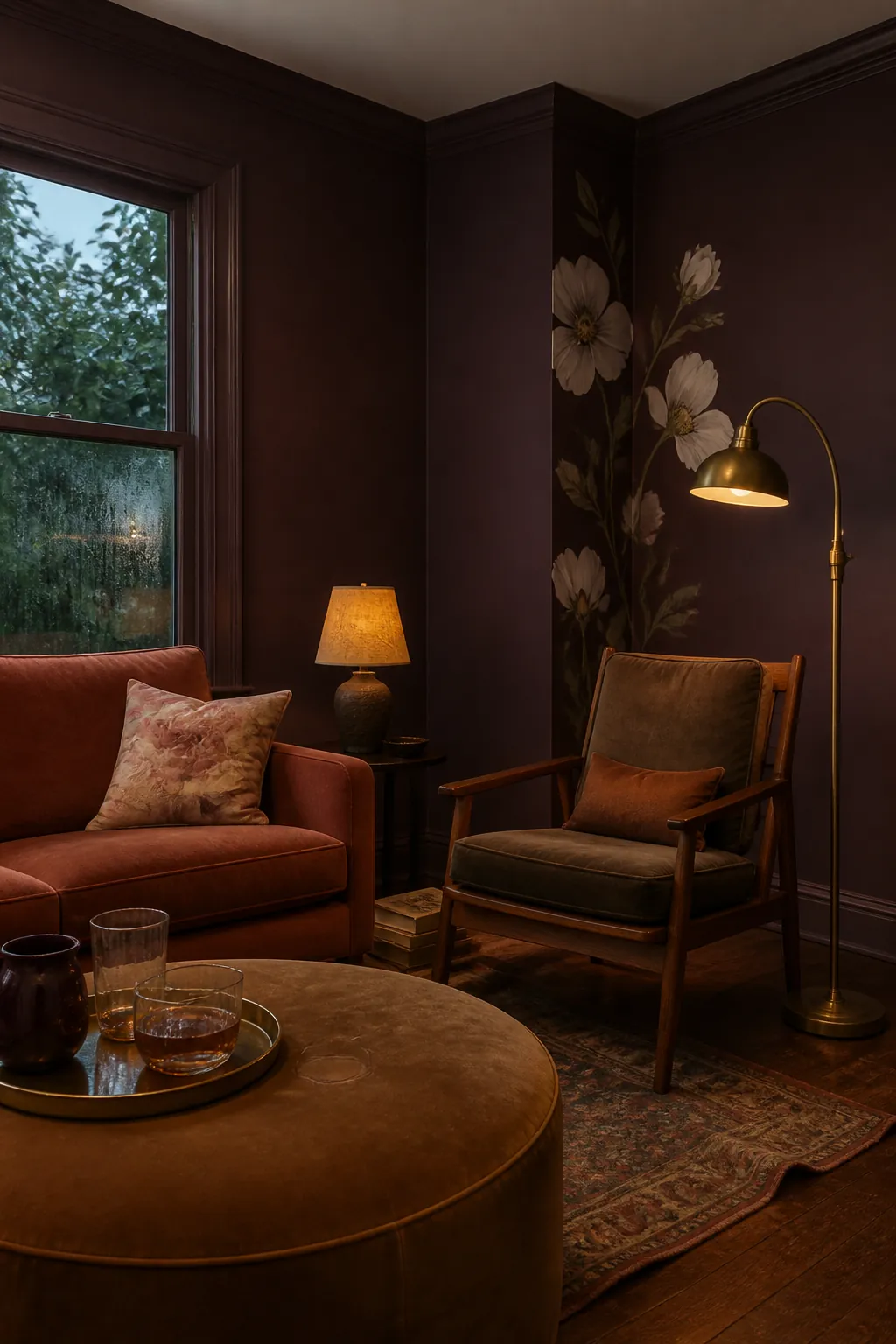Warm aubergine living room with walnut furniture and antique brass accents