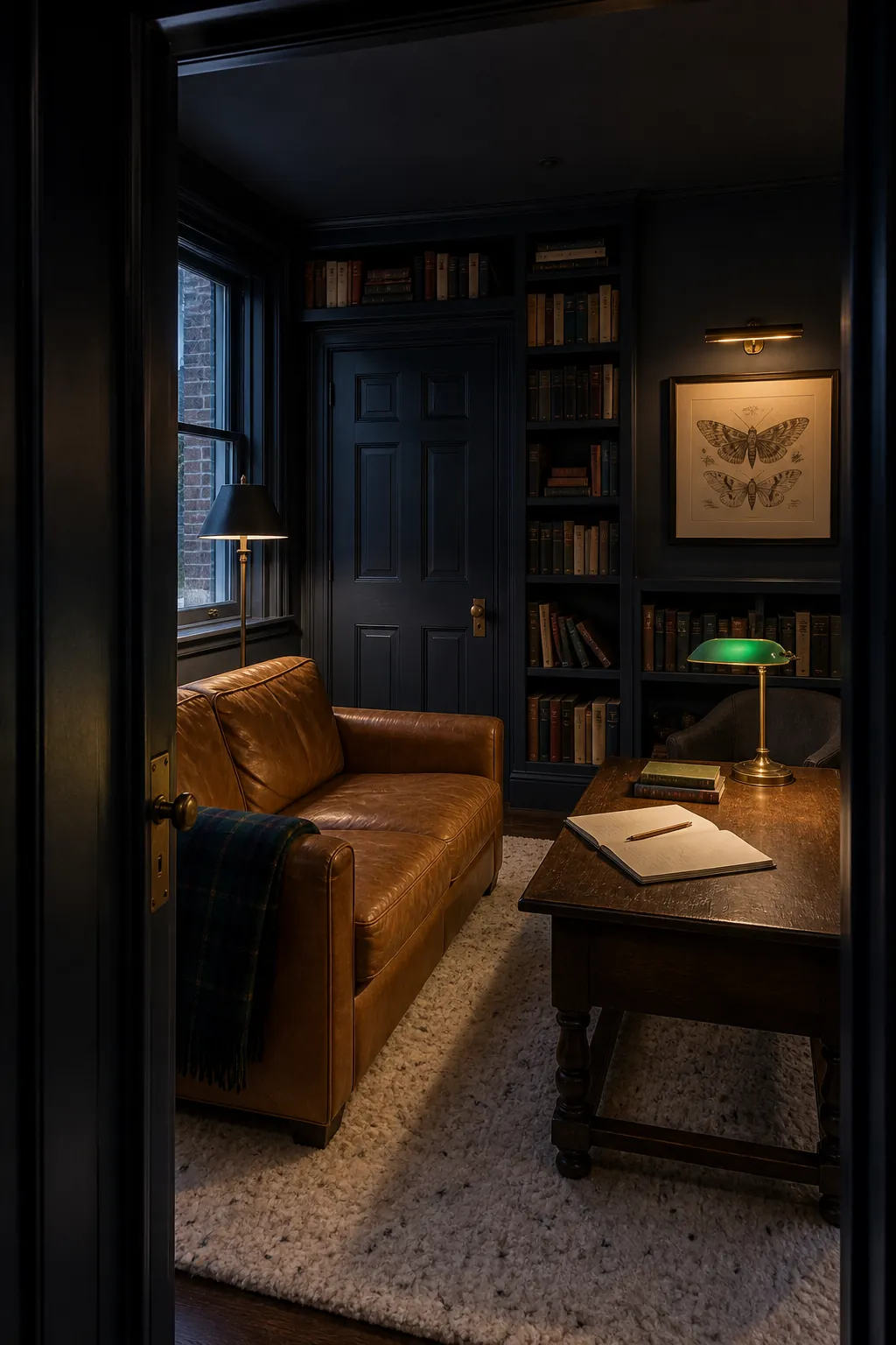 Inky navy library living room with camel leather and warm task lighting