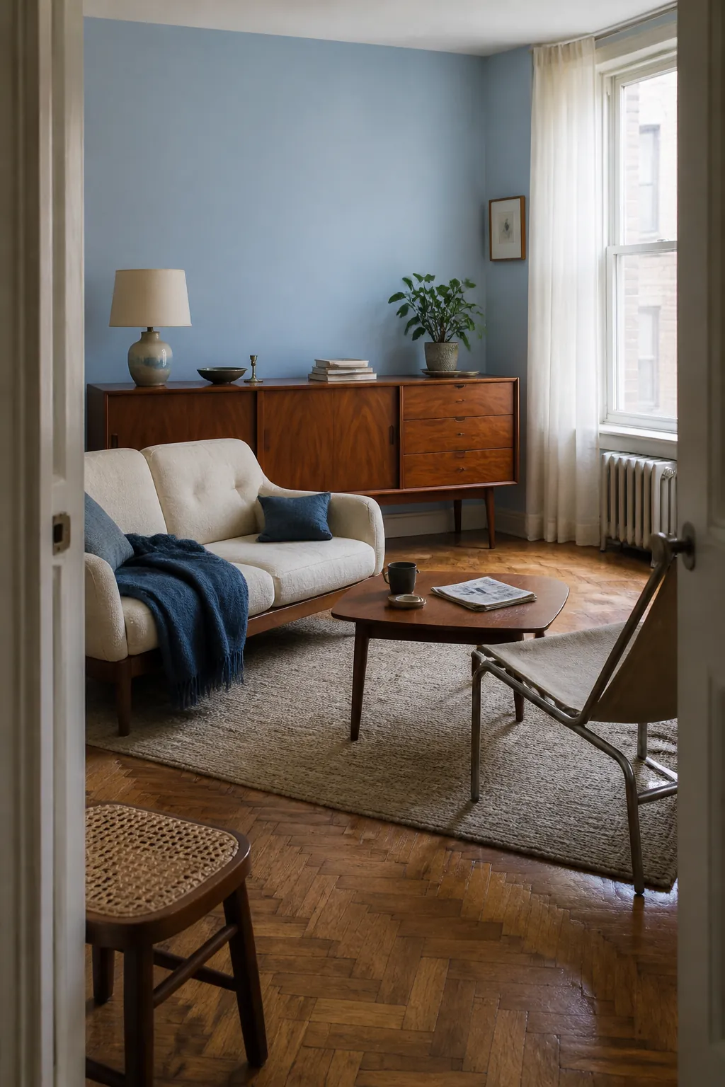 Powder blue living room with walnut furniture and cream upholstery