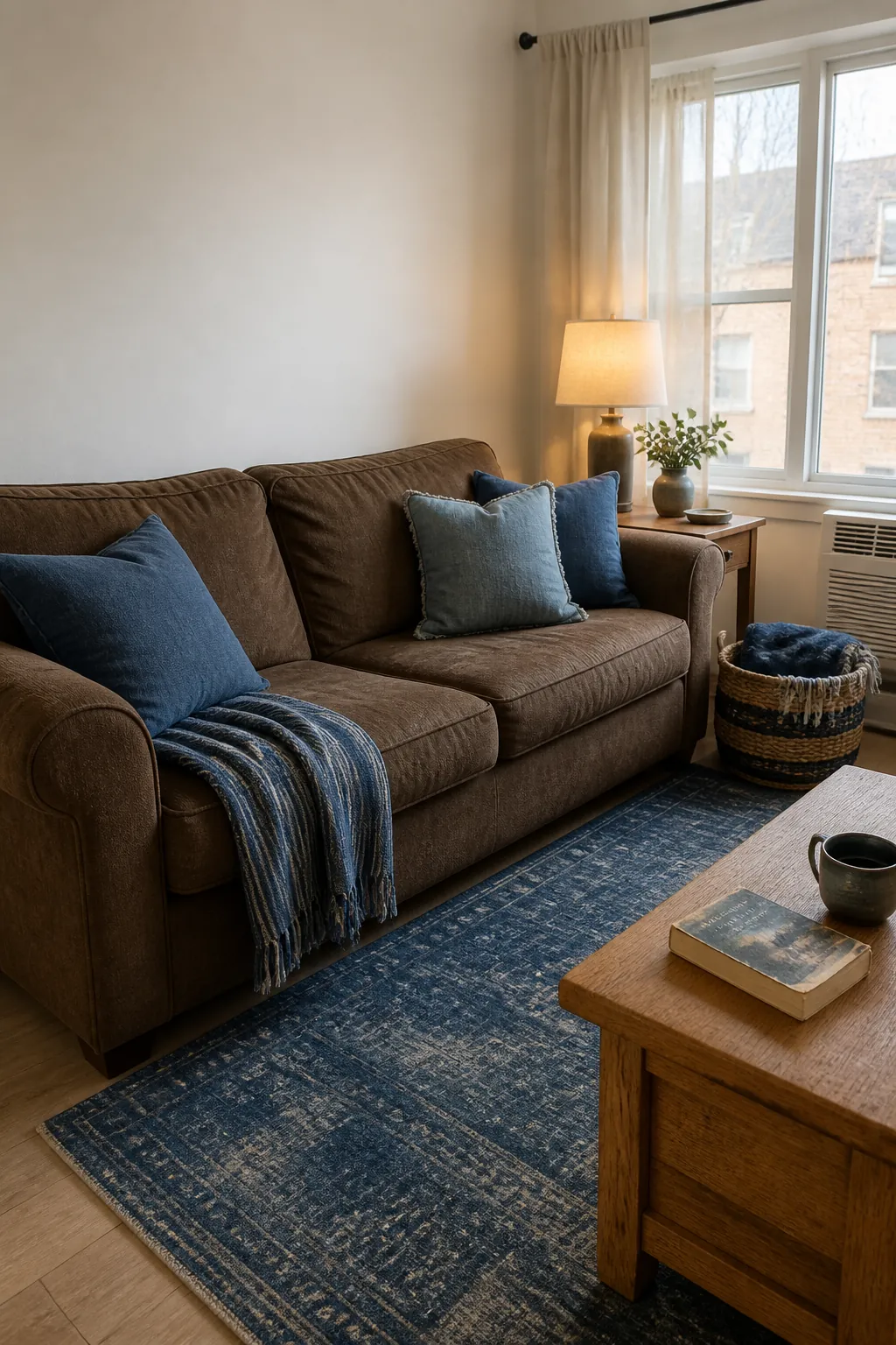 Brown sofa layered with denim blue cushions and a faded indigo rug