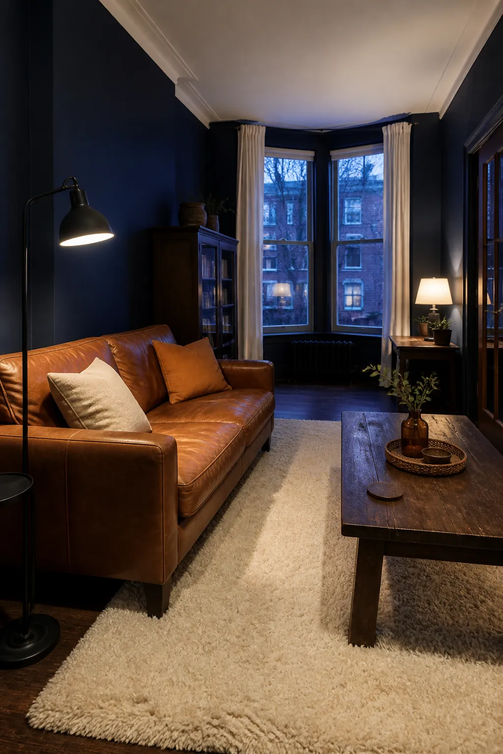 Navy living room walls with a cognac leather sofa and ivory rug