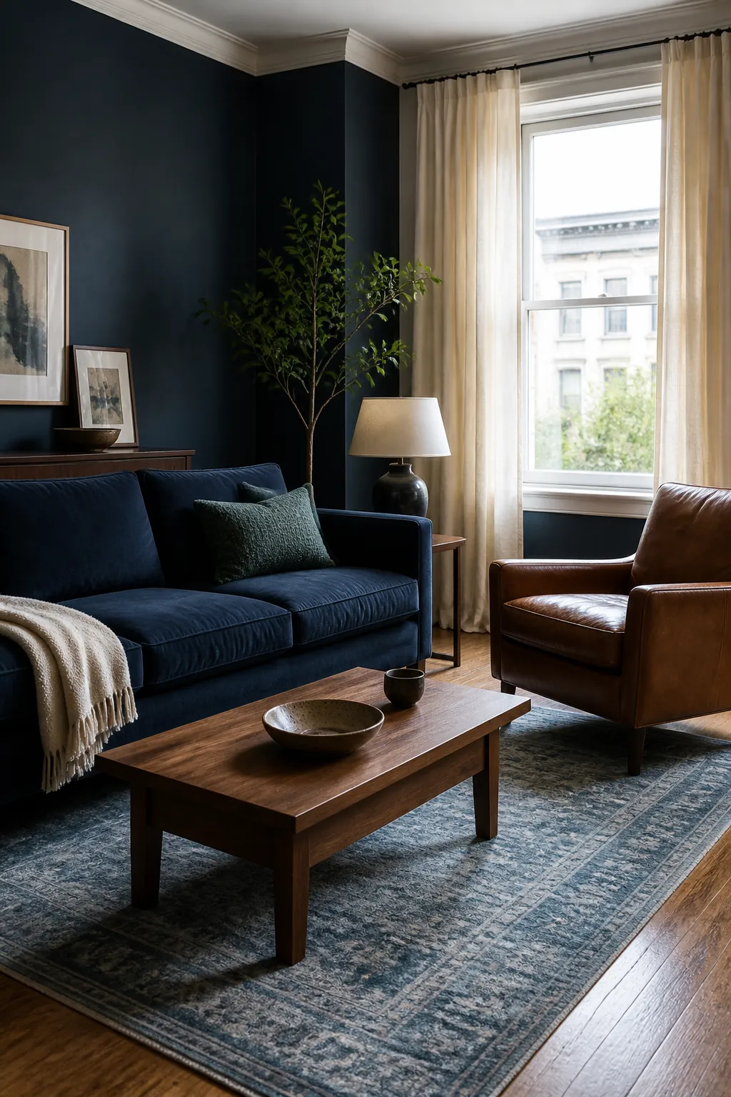Layered brown and blue living room with walnut cognac and navy details