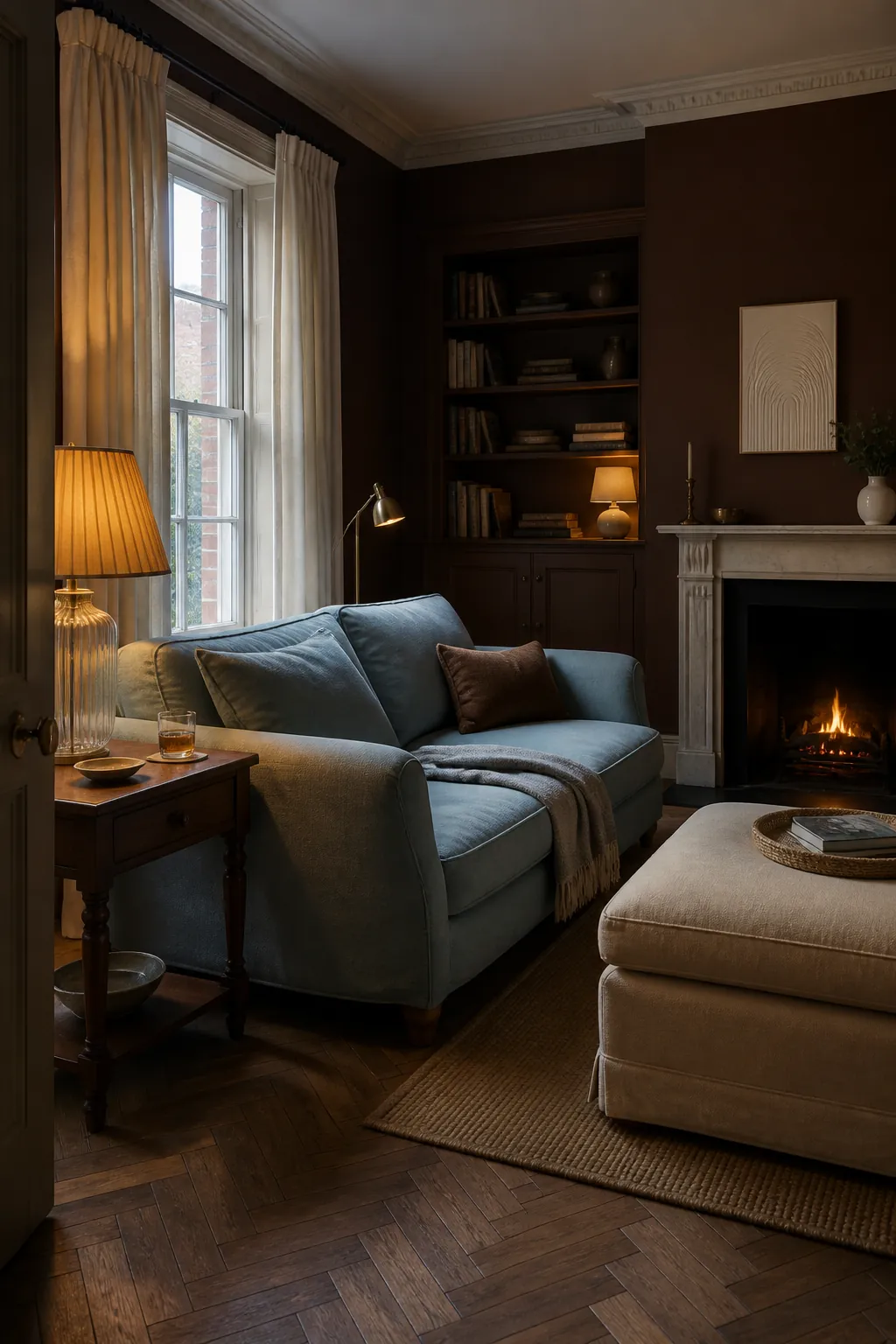 Chocolate brown walls with pale blue living room seating
