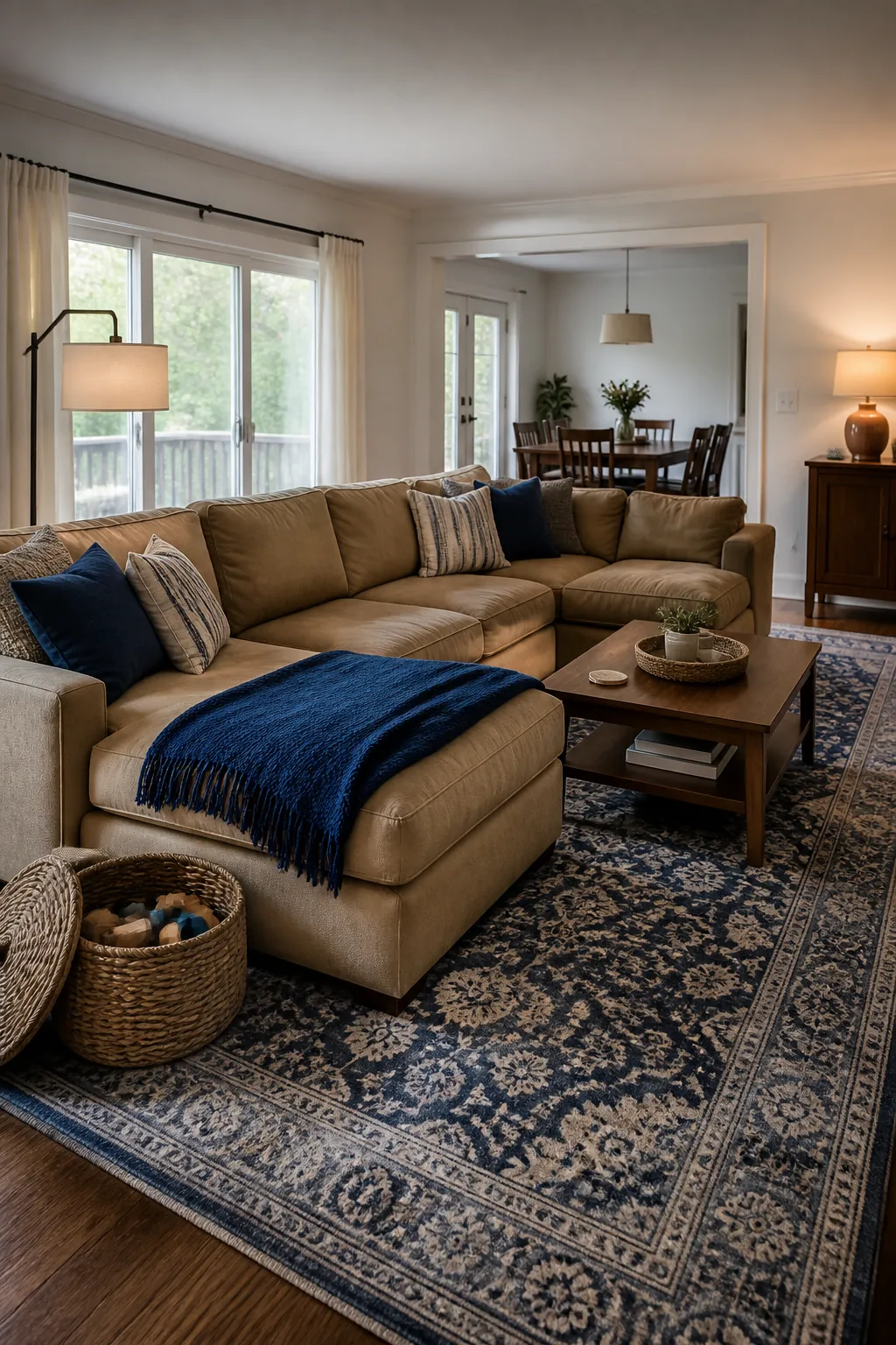 Tan sectional grounded by a blue patterned living room rug