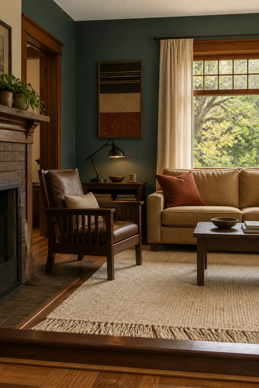 Muted teal living room with camel upholstery and dark wood