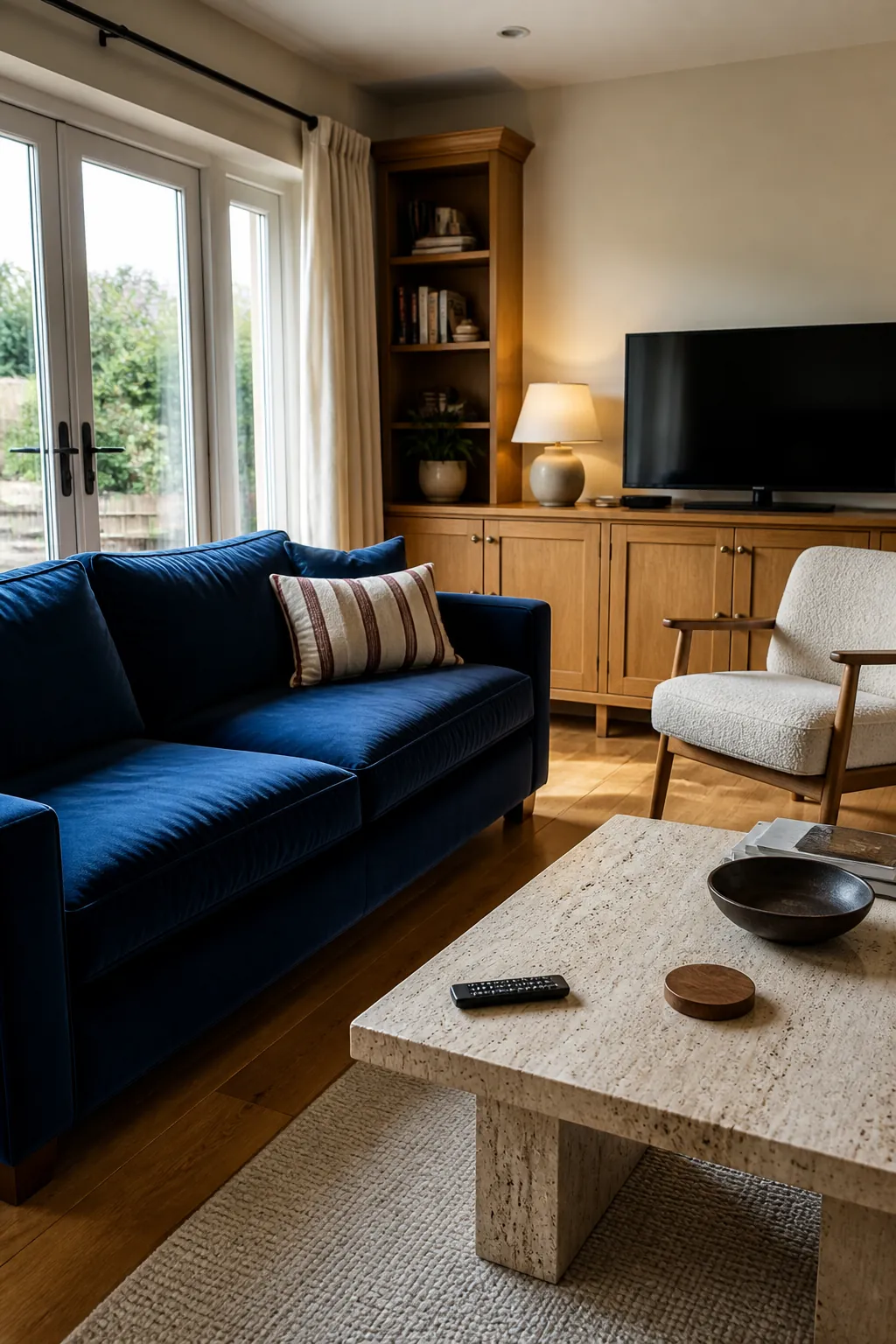 Sapphire blue sofa paired with honey oak living room furniture