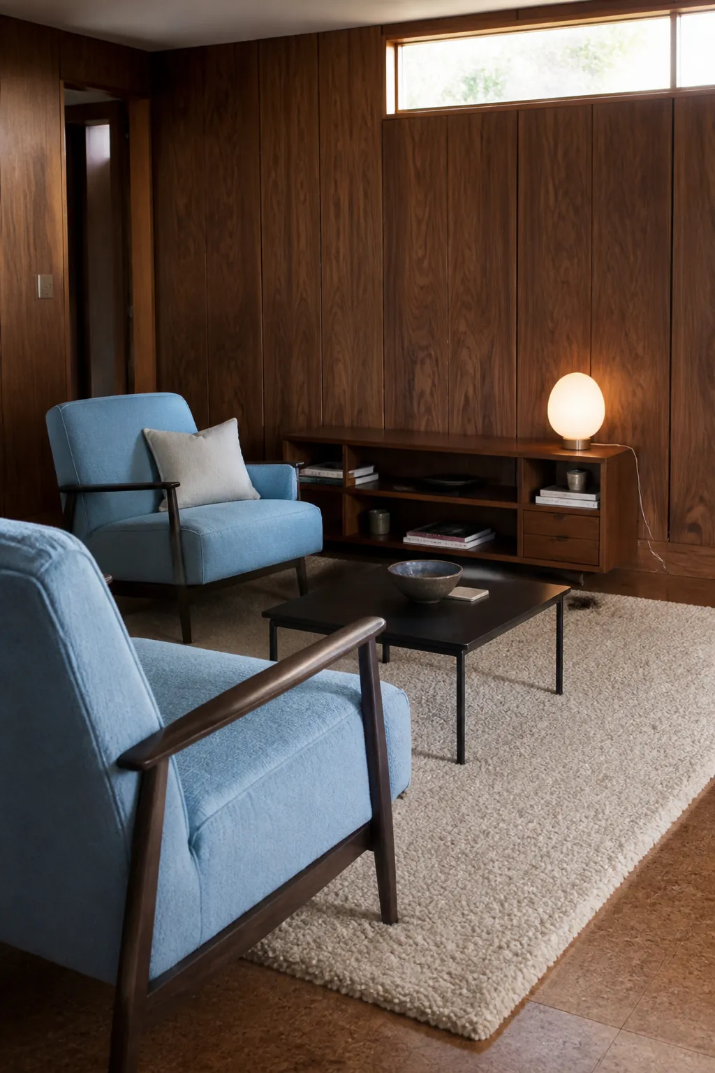 Walnut paneled living room with soft ice blue upholstery