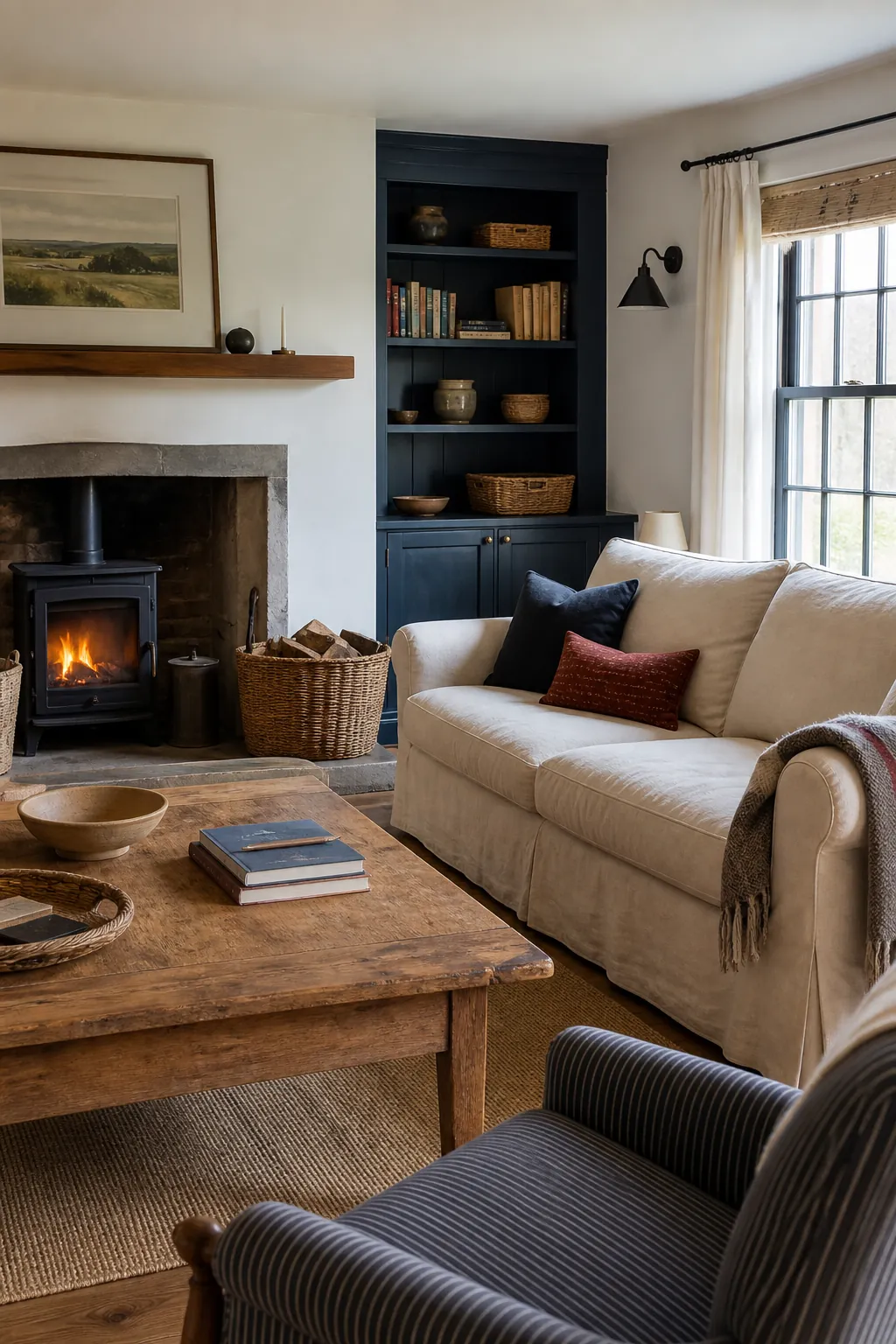 Modern farmhouse living room with indigo built-ins and warm oak