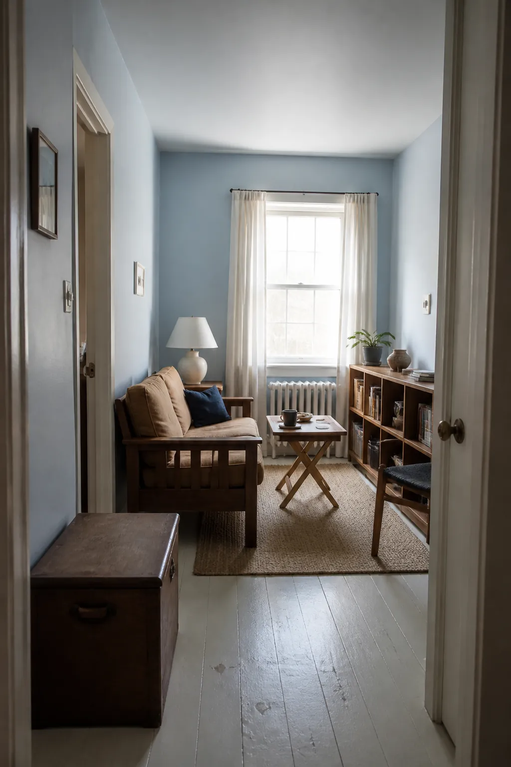 Small living room with pale blue walls and compact brown furniture