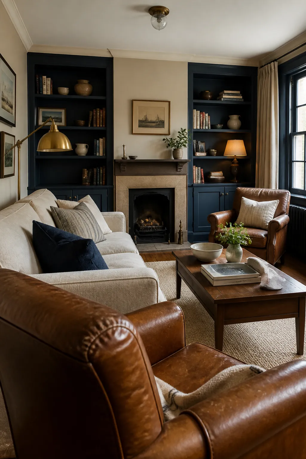 Navy built-in shelving with chestnut brown living room furniture
