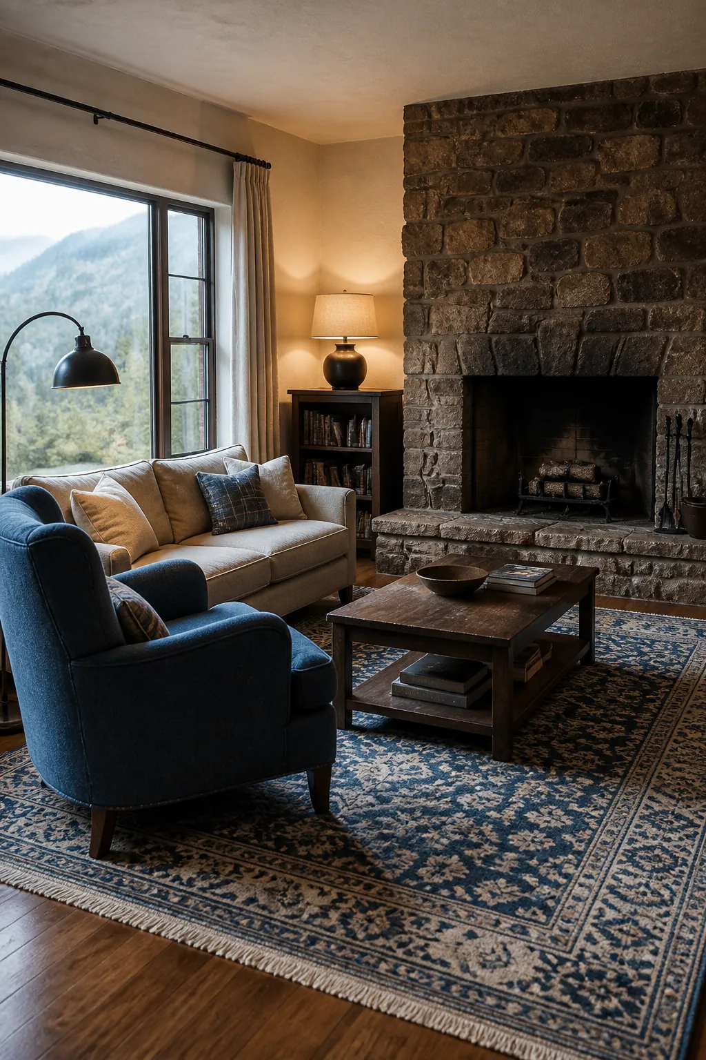 Brown stone fireplace balanced by blue chair and living room rug