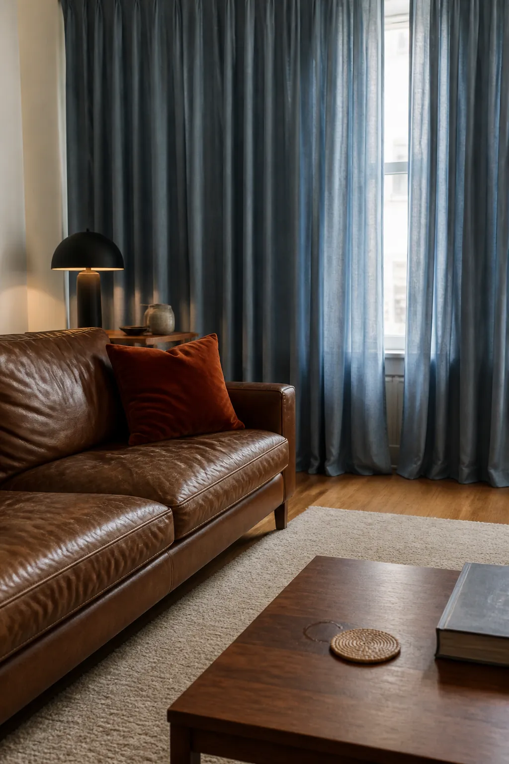 Brown leather sofa framed by floor-length dusty blue curtains