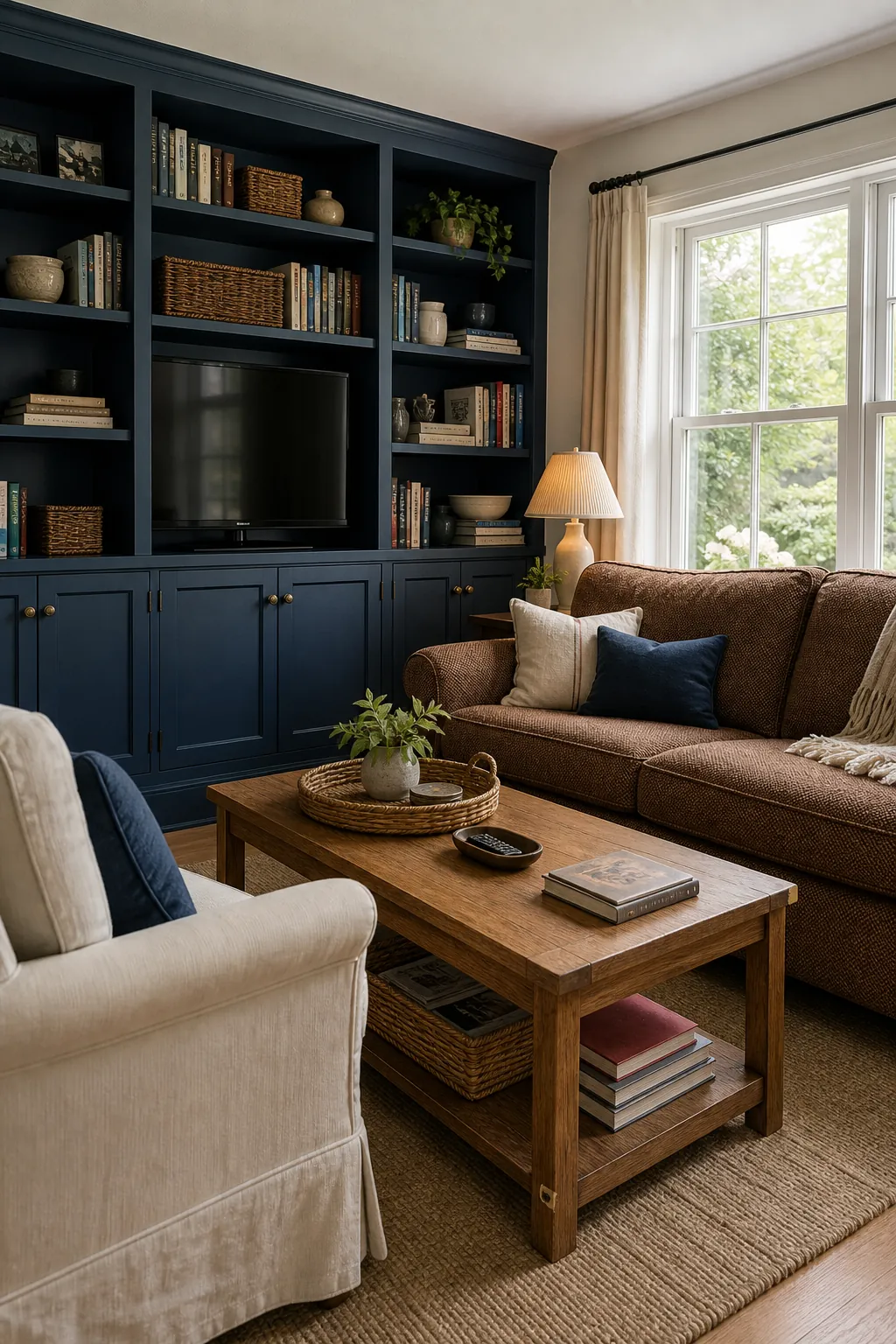 Ink blue built-ins with warm brown living room upholstery