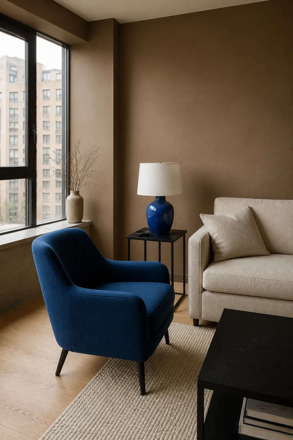 Mocha brown living room walls with concentrated cobalt blue accents