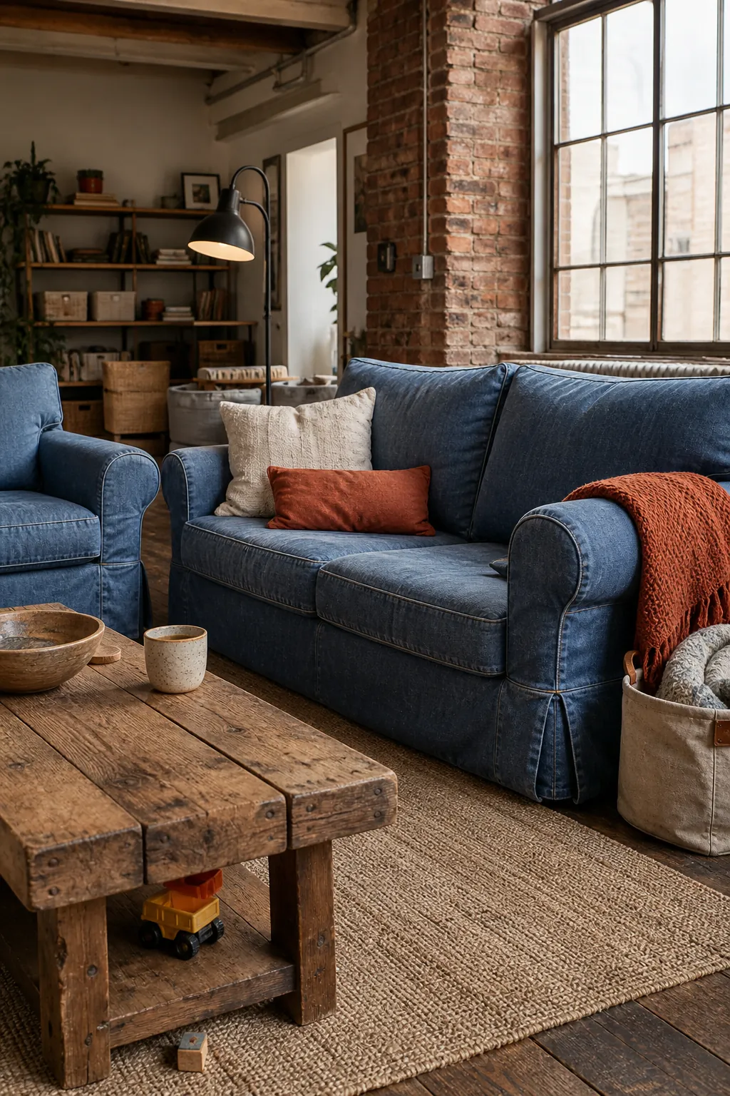 Denim slipcovered seating with reclaimed wood in a cozy family room