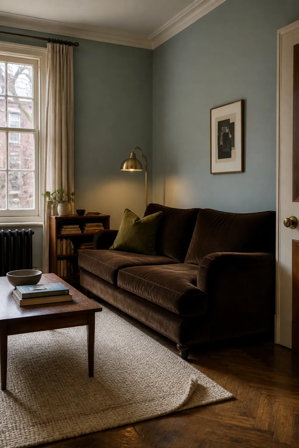 Chocolate velvet sofa with duck egg blue living room walls