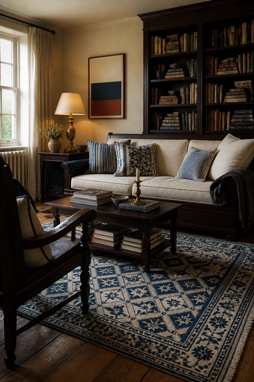 Espresso living room furniture layered with an indigo patterned rug