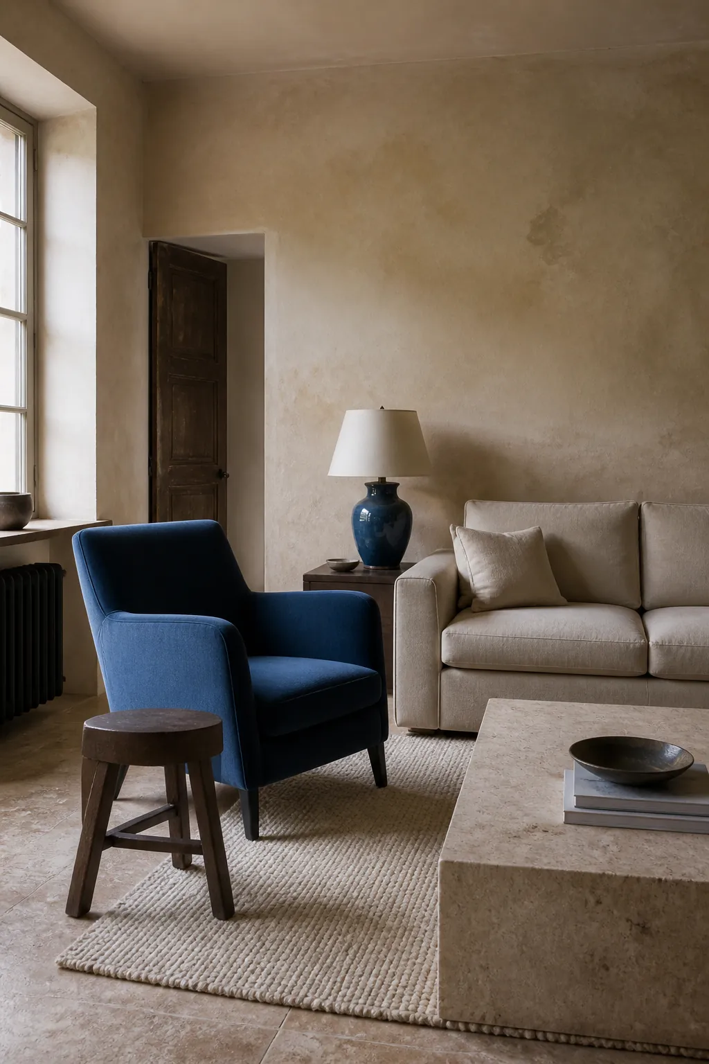 Tan limewashed living room with focused sapphire blue accents
