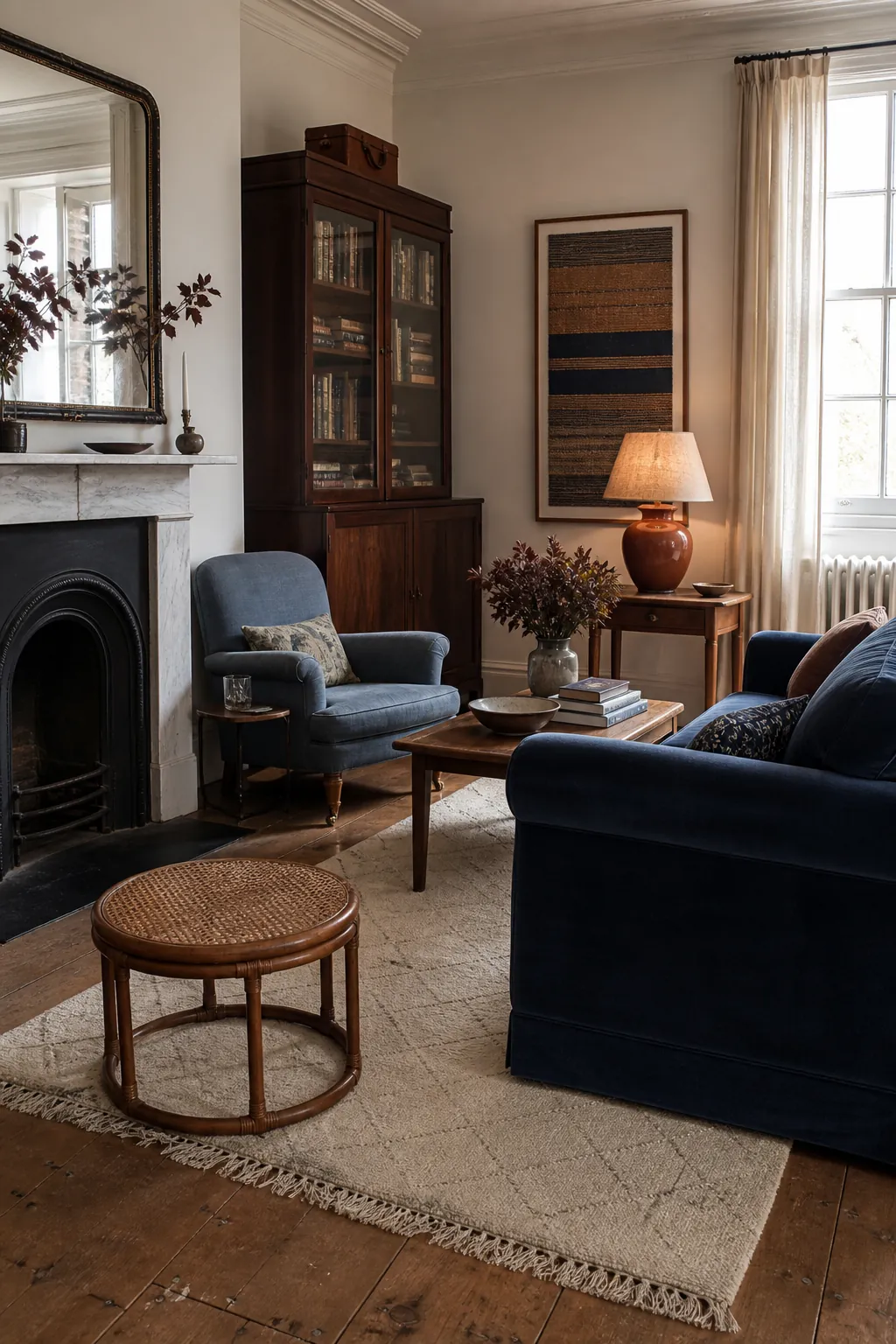 Layered blue and brown vintage furniture in an eclectic living room